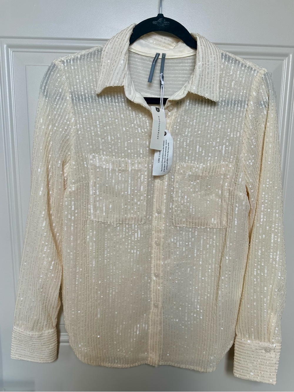 Anthropologie Cream Sequin Button-Down Shirt